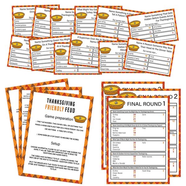 Thanksgiving Friendly Feud Game, Family Game Night, Thanksgiving Trivia, Family Friendly Quiz, Thanksgiving Party Game for Family Activity - 12 Question Cards and 3 Quick Fire Final Rounds Cards (02)