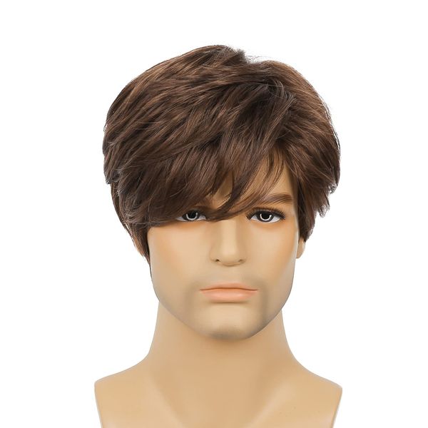 RicHyun Short Brown Wig for Men Short Layered Brown Wig Natural Looking Synthetic Heat Resistant Hair Wig for Male Guys