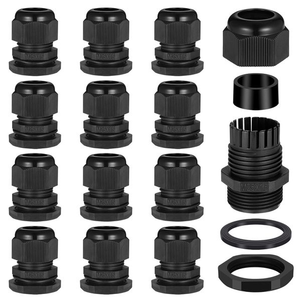 Zocipro 12Pcs M25 Cable Glands 25mm, IP68 Waterproof Nylon Cable Gland Suitable for 8mm-16mm Cables, Black Cable Grommet Cable Entry for Outdoor, Garden, Switch Box Junction Box