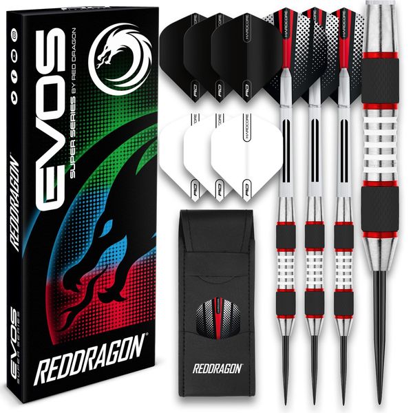 RED DRAGON Evos: 28 Gram Tungsten Darts Set with Flights, Shafts (Stems) and Wallet