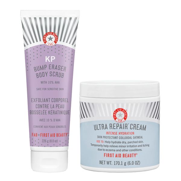 First Aid Beauty Bundle: KP Bump Eraser Body Scrub with 10% AHA – 226 g – and Ultra Repair Cream Intense Hydration Moisturiser – 170 g