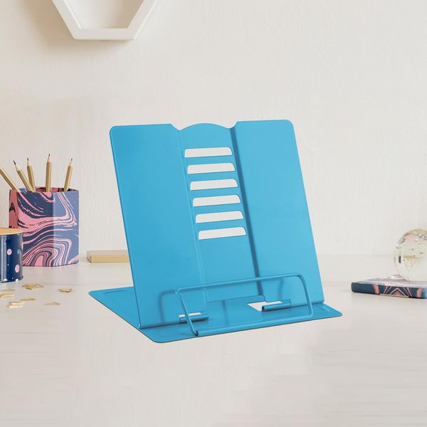 Mini Metal Book Stand Reading Book Holder Lightweight Cook Book Stands Portable Textbook Holders Adjustable Recipe Document Stand Tablet Music Book Stands&Holders(Blue)