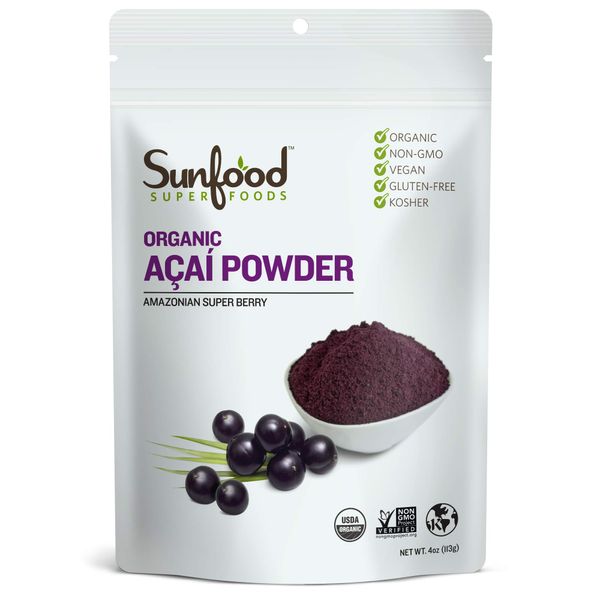 Sunfood Acai Powder | 1 Pack, 4oz Bag | Organic & Unsweetened | 100% Raw Freeze Dried Berries | Natural Antioxidant | Non-GMO, Gluten-Free | Ultra-Clean: No Fillers, Additives, Preservatives