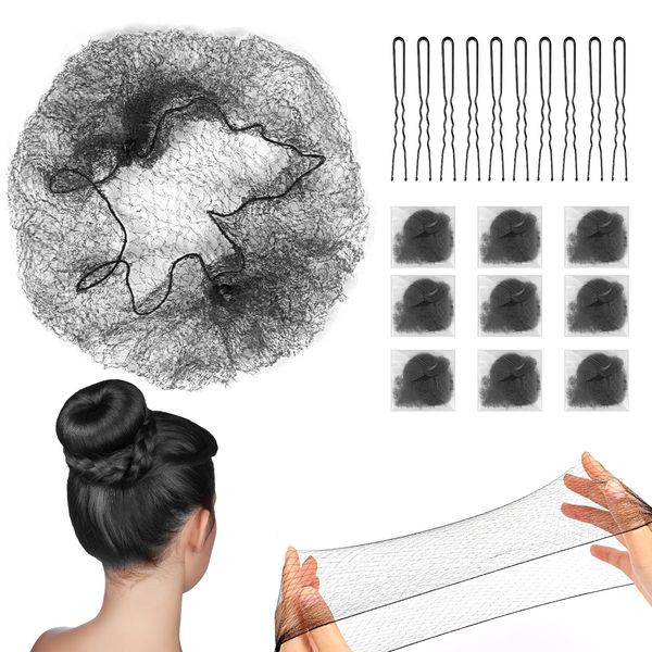 Hair Nets Invisible Elastic Edge Mesh and U Shaped Pins Set, 20Pcs Individual Package Hair Nets for Buns 20Pcs U Shaped Hair Pins for Ballet Bun, Dance, Sleeping, Women