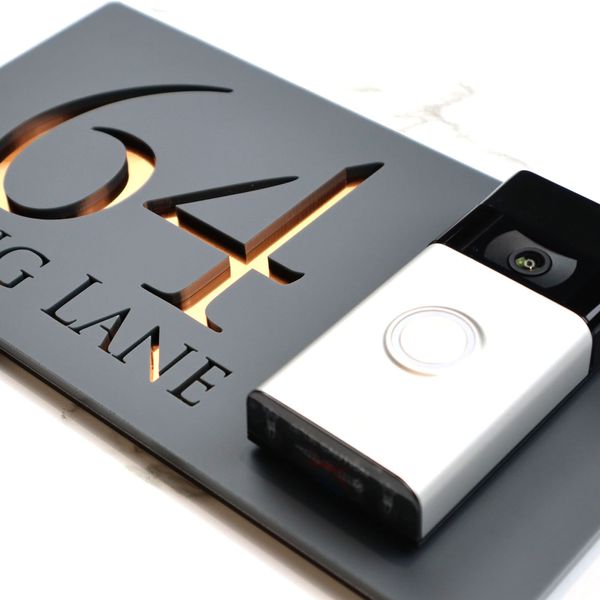 K Smart Sign | Bellissima Video Doorbell house sign door number plaques for Nest Ring Wifi doorbell plate mount | Dark Matt Gray - Copper Mirror | Classic Style | 300mm x 160mm