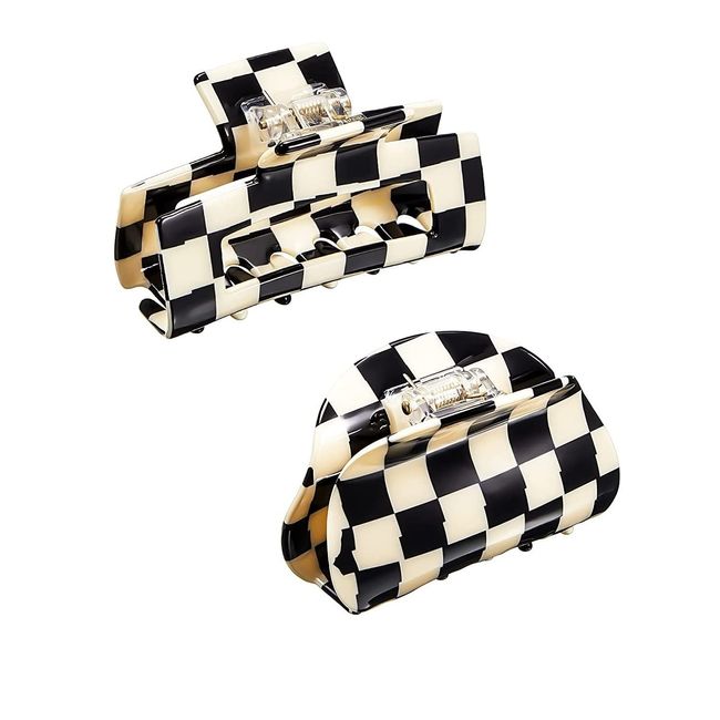 2 Pack Haarkrallen Clips Checker Haarspangen Bananen Haarspangen Acryl Schwarz Weiß Vintage Kiefer Clips Französisch Schildpatt Grip Pin Zähne Klemme Starker Halt Haarschmuck für Frauen Mädchen