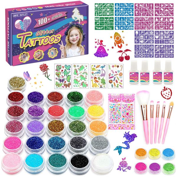 Glitter Tattoo Kit, Glitter Tattoos for Kids Party - 32 Colour Temporary Tattoo Set for Girls: 139 Glitter Tattoo Stencils, 4 Glitter Tattoo Glue, 5 Brushes, 4 Glitter Stickers Kids Gift for Birthday