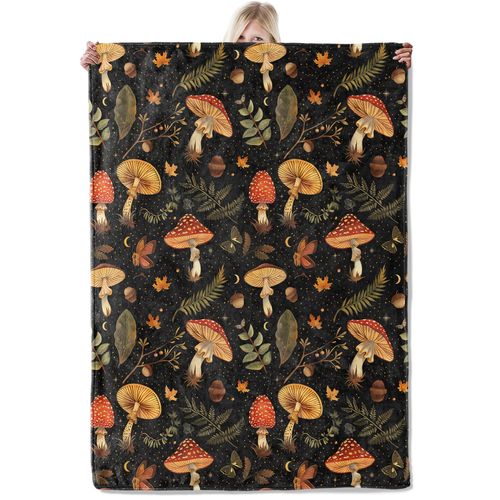 ICAAV Mushroom Flannel Blanket 50x60in,Autumn Forest Fungi and Moth Pattern with Acorns,Leaves,and Stars,Soft Lightweight Throw for Cottagecore Decor and Nature Lovers Gifts Blankets