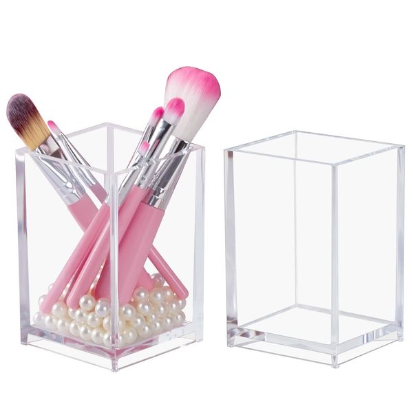 Dezzer Clear Acrylic Pencil Holder, Makeup Brush Holders, Pen Holder for Desktop Stationery Organizer, 2 Pack Clear Pen Cup for Office Desk Accessories, School, Home Supplies