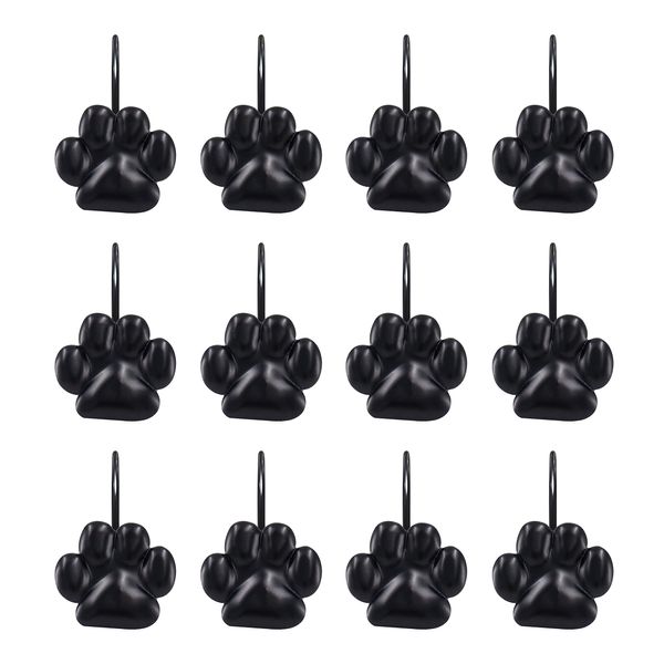 Sunlit Fashion Design Cute Paw Print Polished Shower Curtain Hooks for Dog Cat and Bear, Rust Proof Oil Metal Shower Curtain Rings, Black-12 Pack