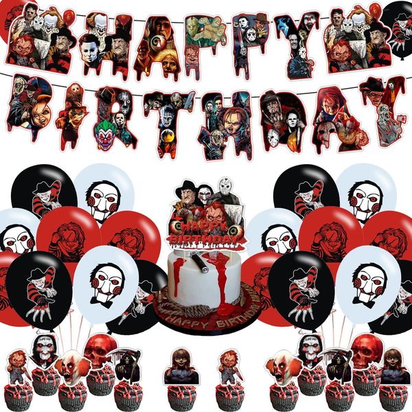 Horror Movie Birthday Party Decorations, Thriller Killer Role Theme Party Supplies with Happy Birthday Banner, Cake Topper, Cupcake Toppers, Balloons for Kids Adults Kids Party Decorations