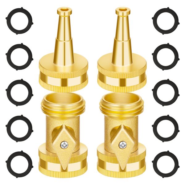 AUTOMAN Brass Hose Nozzle - High Pressure Jet Nozzle 4 Count (2 Set), Heavy Duty Water Hose Sprayer Sweeper with Hose Shutoff Valve, 3/4” GHT Nozzles for Garden Hose, Car Wash, Extra 10 Rubber Washers