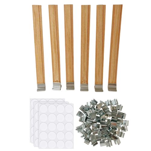 Double-Layered Wooden Candle Wicks and Stands 50 Sets 5.1 X 0.5 Inch Natural Candle Wood Wicks Wooden Wicks Wood Wicks for Candles Making,Wooden Candle Wick with Base and Stickers