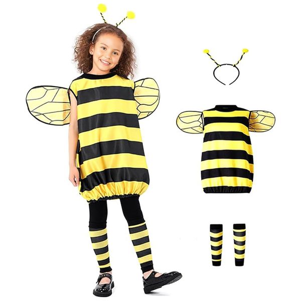 Momkonzz Girl Bee Costume Kids Halloween Fancy Dress Costumes with Wings Leg Warmers and Headband Cosplay 5-6Y