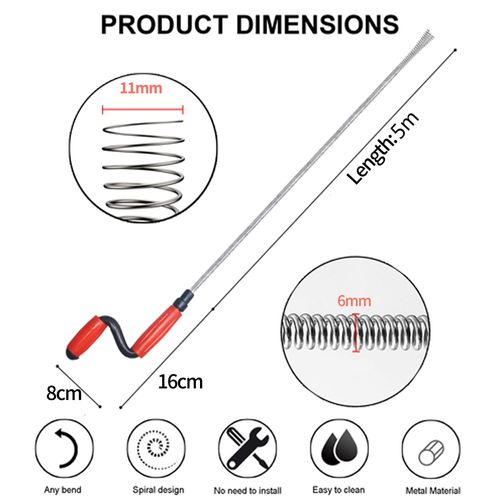 Drain Unblocker Spring Wire （5m * 6mm）Professional Kitchen Sink Unblocker Tool Flexible Plug Unblocker Drain Hair Remover Drain Auger Plumbing Snake with Claw for Pipe Cleaning