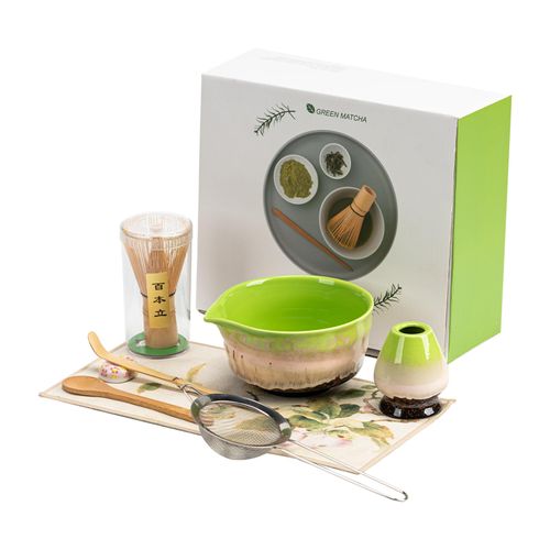 Grnstf Matcha Set 8-Piece Japanese Tea Ceremony Kit with Ceramic Bowl, Bamboo Whisk & Holder, 2 Scoops, Strainer, Tea Cloth - Complete Gift Set for Traditional Brewing(Green)