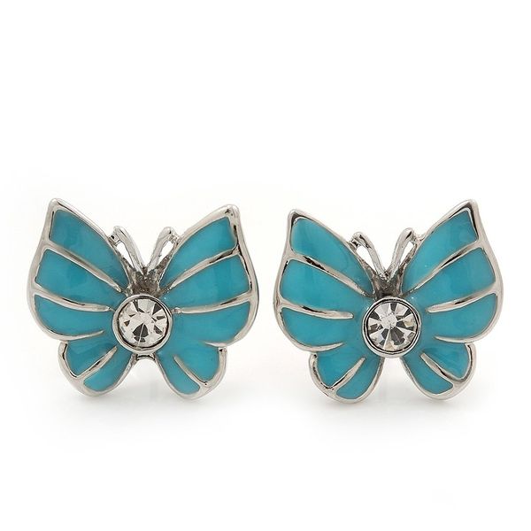 18mm/ Small Light Blue Enamel Crystal Butterfly Stud Earrings/Silver Tone