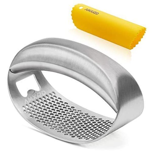 Garlic Press Rocker & Silicone Peeler Stainless Steel Garlic Mincer Crusher Squ