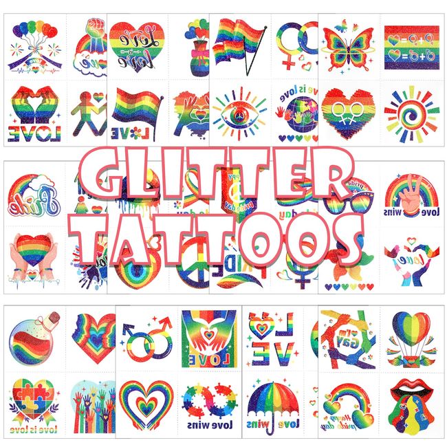 Qpout 48 PCS Glitter Pride Tattoos Rainbow Temporary Tattoos Shining Waterproof Pride Flag Tattoo Stickers for Women Men Rainbow Party Favors LGBT Pride Equality Parades and Celebrations