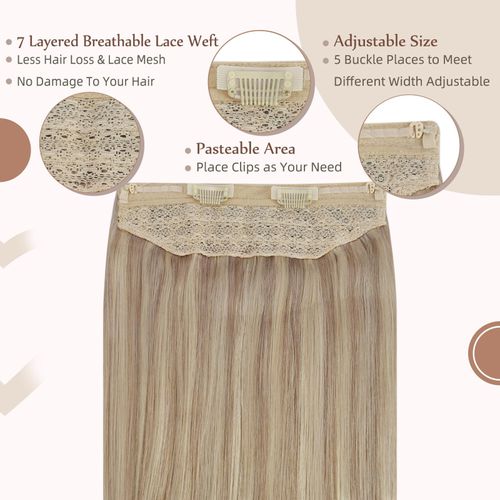 Fshine Secret Extensions Human Hair Wire Hairpieces Ash Blonde Highlighted Bleach Blonde 12Inch One Piece Clip in Real Hair Extensions Fish Line Layered Human Hair Extensions for Short 70Grams