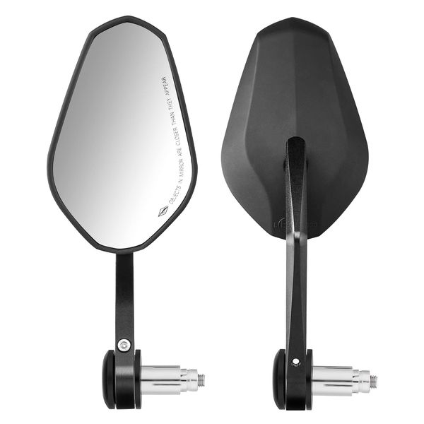 KEMIMOTO Bar End Mirror for Motorcycles, Motorcycle Mirror, CNC Machining, Universal Mirror, Black, Left and Right Set, Compatible with Vehicle Inspections, Convex Mirror (Long)