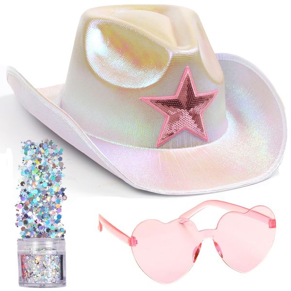 Funcredible Silver Sparkly Cowboy Hat and Glasses - Silver Holographic Cowboy Hat for Women - Cowgirl Costume Accessories - Space Cowgirl Outfit