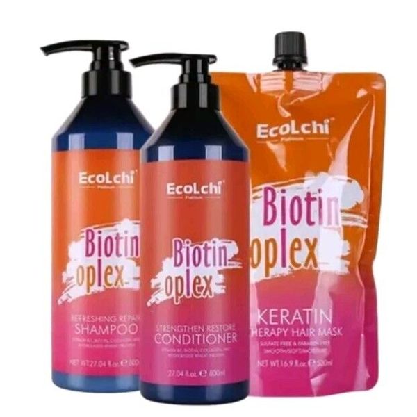 Ecolchi Biotin Oplex Hair Mask Set Shampoo Conditioner Repair Dry Damaged Frizz