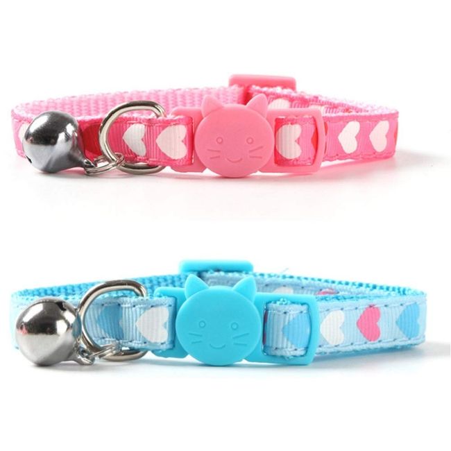 Stock Show 2Pcs/Pack Cat Safety Breakaway Collars Cat Kitten Cute Heart Pattern Printed Nylon Collars with Bell Birthday Valentine Dressup Collar Charm for Cat Kitten, Pink+Blue