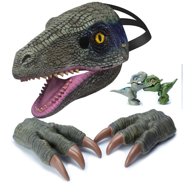 TUKIIE Dinosaur Mask with Moving Jaw, Dino Mask and 2 Claws for Kids Blue Velociraptor Mask Dino Party Mask Halloween Dinosaur Dress Up for Boys Girls Adult