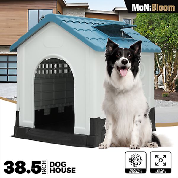 38" Plastic Dog House Puppy Pet Kennel Shelter w/Roof Skylight+Adjustable Vents