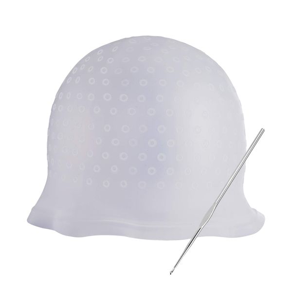 Hair Color Cap Silicone Highlighting Cap Reusable Solon Hairdressing Cap with Metal Hook Needle, White