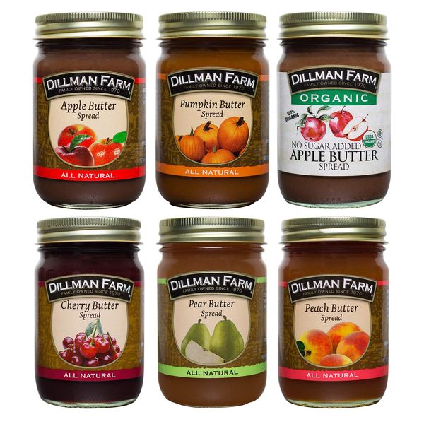 Dillman Farm Fruit Butter Variety Pack (6 pack)| Apple Butter, Pumpkin Butter, No Sugar Added Organic Apple Butter, Cherry Butter, Peach Butter, Pear Butter|