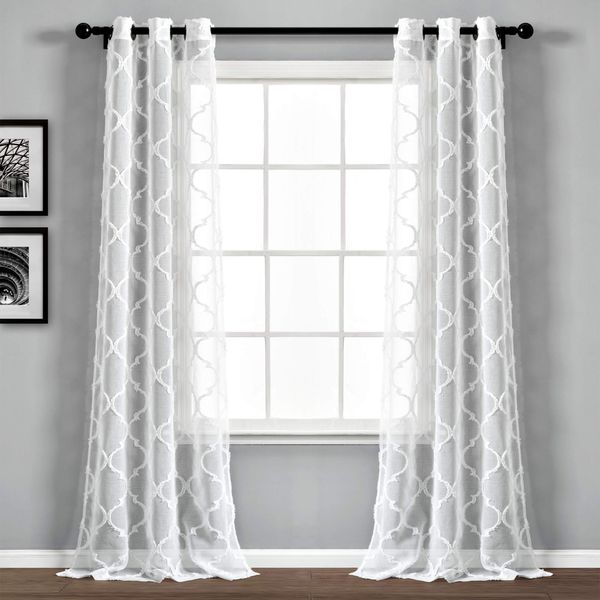 Lush Decor White Avon Trellis Grommet Sheer Window Curtain Panel Pair (84" x 38"), 38" W x 84" L