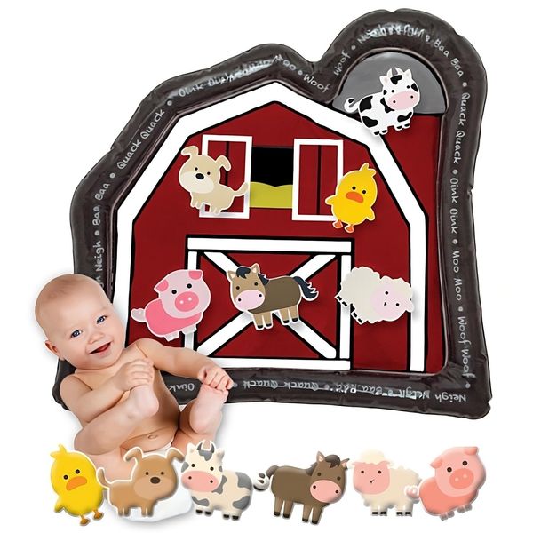 LaLa Lou Kids Tummy Time Mat Premium Inflatable Big Red Barn Farmer Toy Tummy Time Water Mat with Stimulation Toys Promoting Muscles Development and Motor Skills in Infants and Toddlers