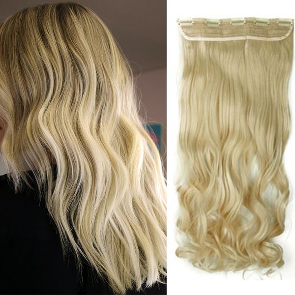 One Piece 3/4 Full Head Clip In Hair Extensions 29" Inch Curly 5 Clips Wavy Hairpieces Heat Resistant - Bleach Blonde(Weight:130g)