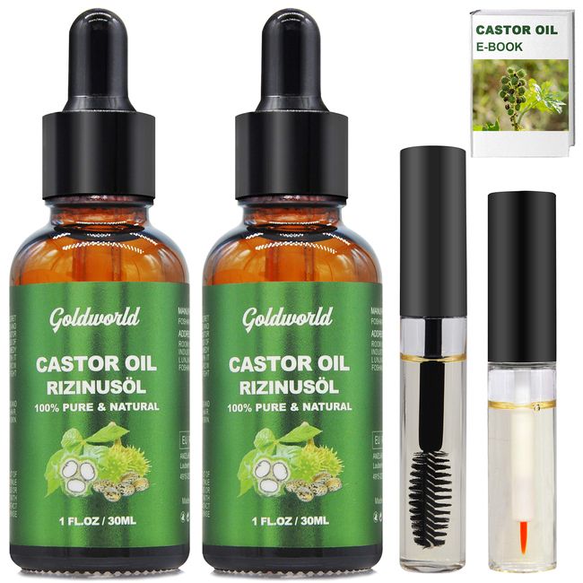 Organic Castor Oil,2 Packs w/Free Lash&Brow Brushes&E-Book,100% Pure Hair Growth Oil for Eyebrow Lash Eyelash Beard Growth Serum Dry Hair Skin Care Essential Oils,Birthday Gifts for Women Men Mum Wife