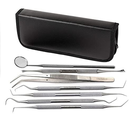 7 Pcs Oral Hygiene Kit Plaque Remover Professional Dental Picks for Teeth, Scraper, Serrated Tweezers, Mouth Mirror, Double Ended Picks for Gum Care Cleaning Set - Stainless Steel with Carrying Case