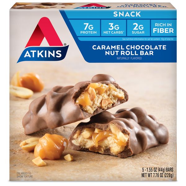 Atkins Caramel Chocolate Nut Roll Snack Bar, Protein Snack, High in Fiber, 2g Sugar, 5 Count