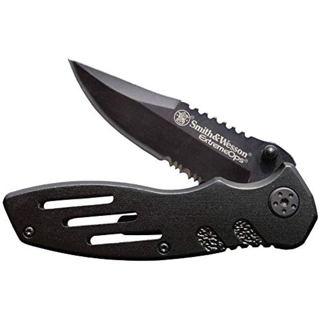 Smith & Wesson Extreme Ops SWA24S 7.1in S.S. Folding Knife with 3.1in Serrated Clip Point Blade and Aluminum Handle for Outdoor, Tactical, Survival and EDC