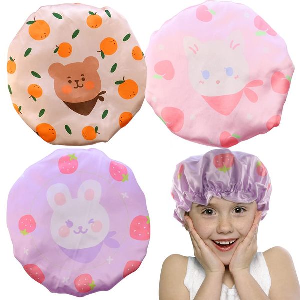 TCOTBE 3 Pcs Kids Shower Caps Rabbits Prints Double Layers Children Shower Caps PEVA Bath Hats for Kids Reusable Cartoon Animal Kids Bonnets Hair Covers for Boys and Girls