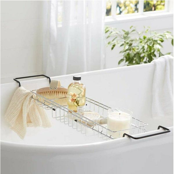 Extendable Bath Tub Rack Bridge Storage Tray Caddy with Non-Slip Rubber Handles Chrome Plated Scratch Proof Rust Resistant with Black end Coating