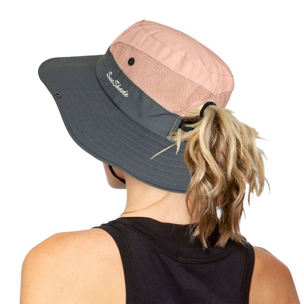 Women's Outdoor UV-Protection-Foldable Sun-Hats Mesh Wide-Brim Beach Fishing Hat with Ponytail-Hole Pink