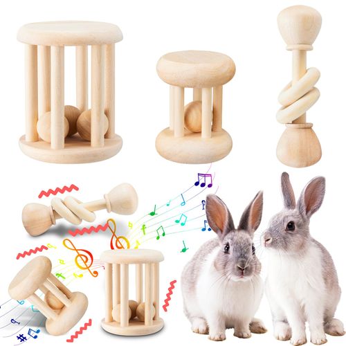 AOWPFVV 3 Pcs Natural Wooden Bunny Toys, Safe Rabbit Toys for Guinea Pig Chinchillas Hamsters Small Animals Playing Teeth Grinding Indoor Outdoor