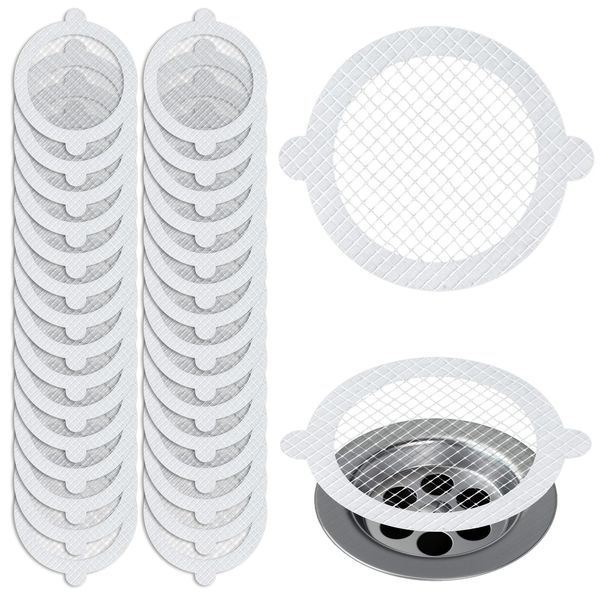 COMNICO 30 Pack Disposable Shower Drain Hair Catcher White Fibrous Flat Shower Drain Floor Covers Mesh Stickers for Bathing Kitchen Room Drain Sticker Drain Cover (Round)