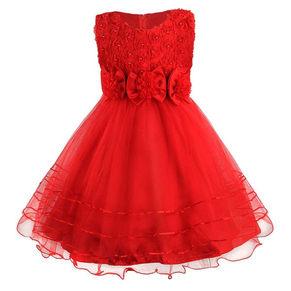 Discoball Girls Princess Dress Rose Flower Bow Tie Party Dress Tulle Wedding Dress Bridesmaid Christening Elegant Formal Dress for Girls(Red)