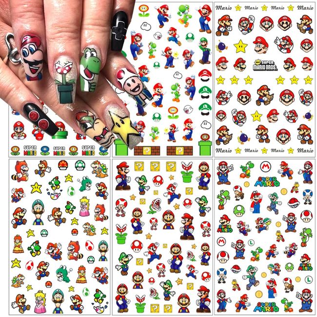 6 Sheets Cute Nail Art Stickers 3D Self-Adhesive Nail Decals Designer Nail Supplies Favors for Kids Boys Teens Girls Women Nail Design Accessories Cartoon Nail Stickers for Nail Art Acrylic Nails