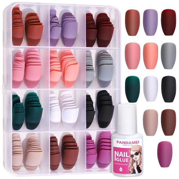 12 Packs (288PCS) Matte Press on Nails Medium Length, FANDAMEI Acrylic Short Fake Nails Full Cover, Ballerina Coffin with 10g Nail Tips Glue, 12 Color False Nails for Nail Art DIY