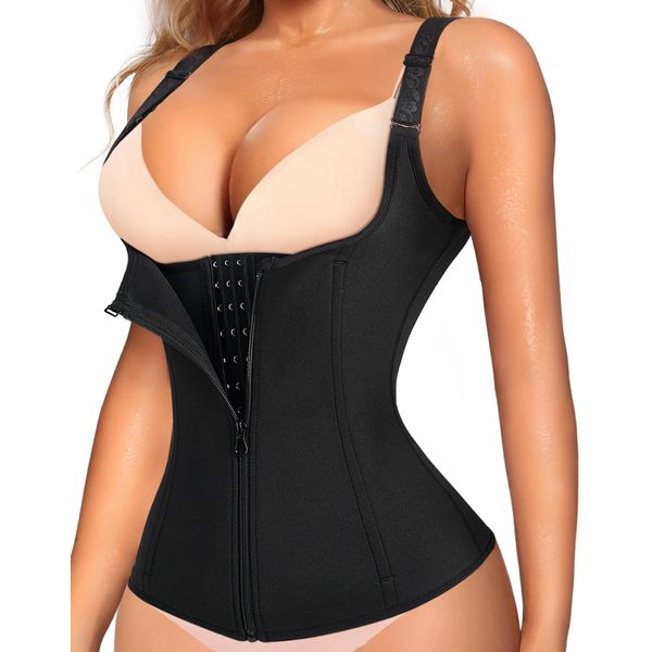 LODAY Waist Trainer Corset for Women Tummy Control Sport Workout Body Shaper Black (L, Black(Vest-Adjustable Straps))