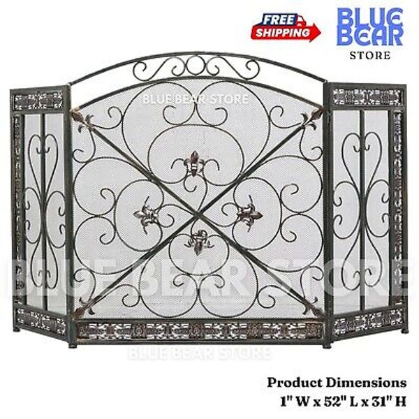 3 Panel Iron Fireplace Screen Mesh Spark Guard Foldable Traditional Fleur De Lis