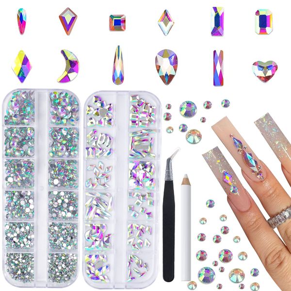 Canvalite 1820Pcs Rhinestones Nail Gems, 12 Styles 3D Glass Crystals Charms Shiny Multi Shape Flatback Nail Rhinestones for Nail Art with Picker and Tweezers for DIY Nail Art